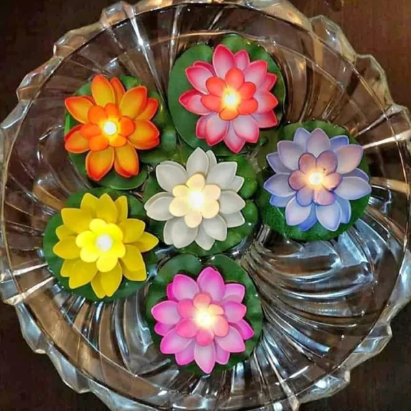 Floating Lotus Flower Diya Set with Water Sensor (Set of 6)